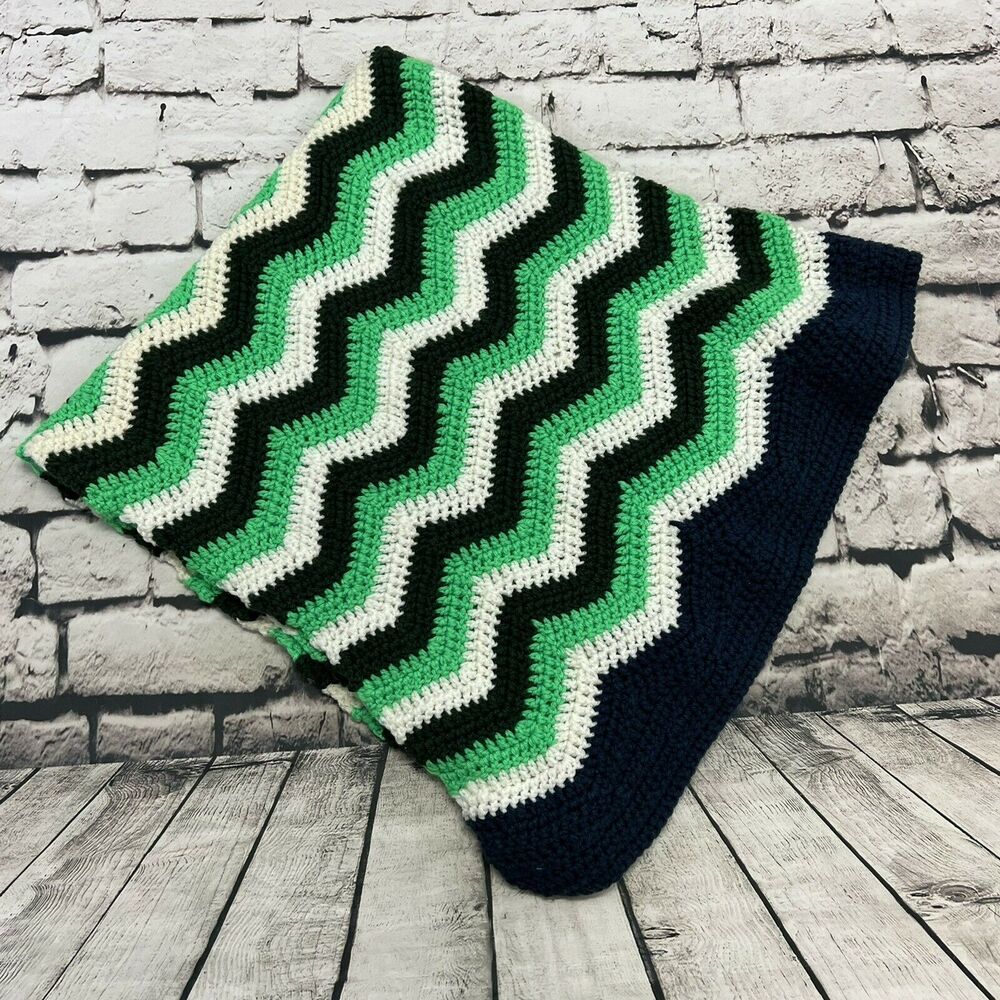 Handmade Afghan Chevron Green White Blue St. Patricks Rectangle Crochet